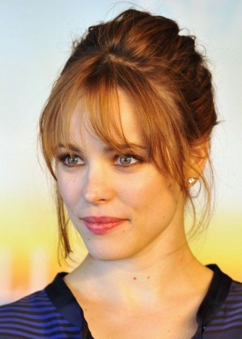 Layered Cut With Bangs Shoulder-Length Auburn With Wispy Bangs — Hairstyles for Big Forehead