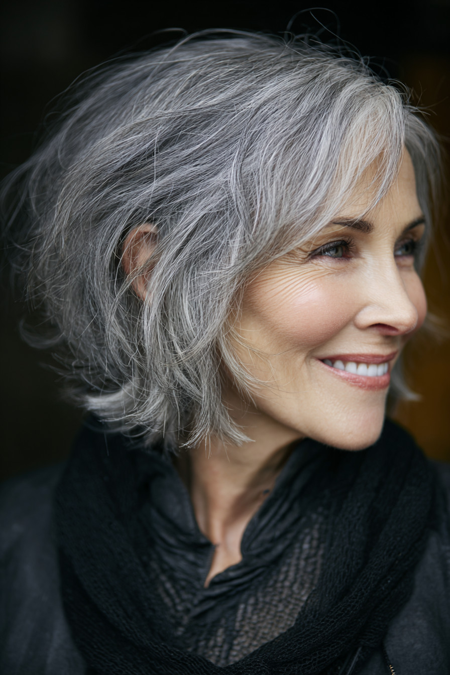 Short Layered Bob Gray Silver — Gray Blending Over 50