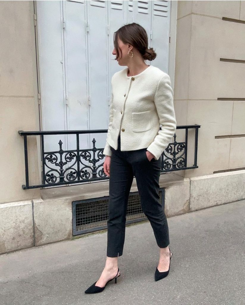 Smart Casual Daytime Ensemble with Cream Jacket and Black Slingbacks — Slingback Heels Outfits