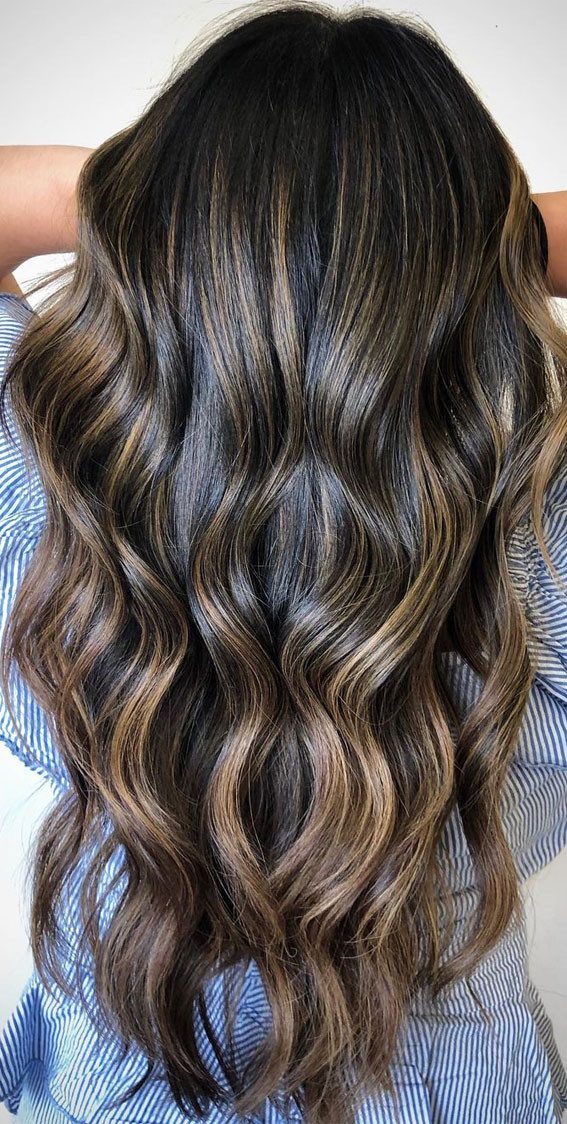 Back View Full Hair Dark Brown With Caramel Ash Lowlights Back View Full Hair Dark Brown With Caramel Ash Lowlights