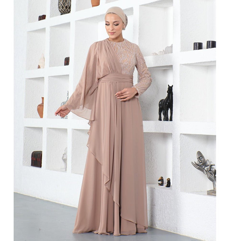 Tan Crepe Dress With Flowing Draped Cape Overlay — Formal Hijab Outfits