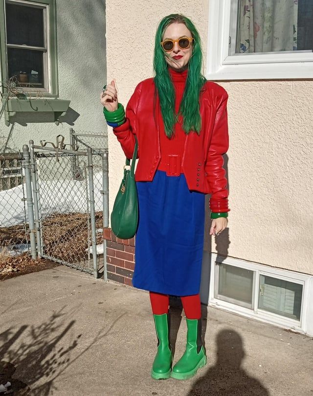 Bold Red and Green Leather Jacket Ensemble Bold Red and Green Leather Jacket Ensemble — Portland Outfits