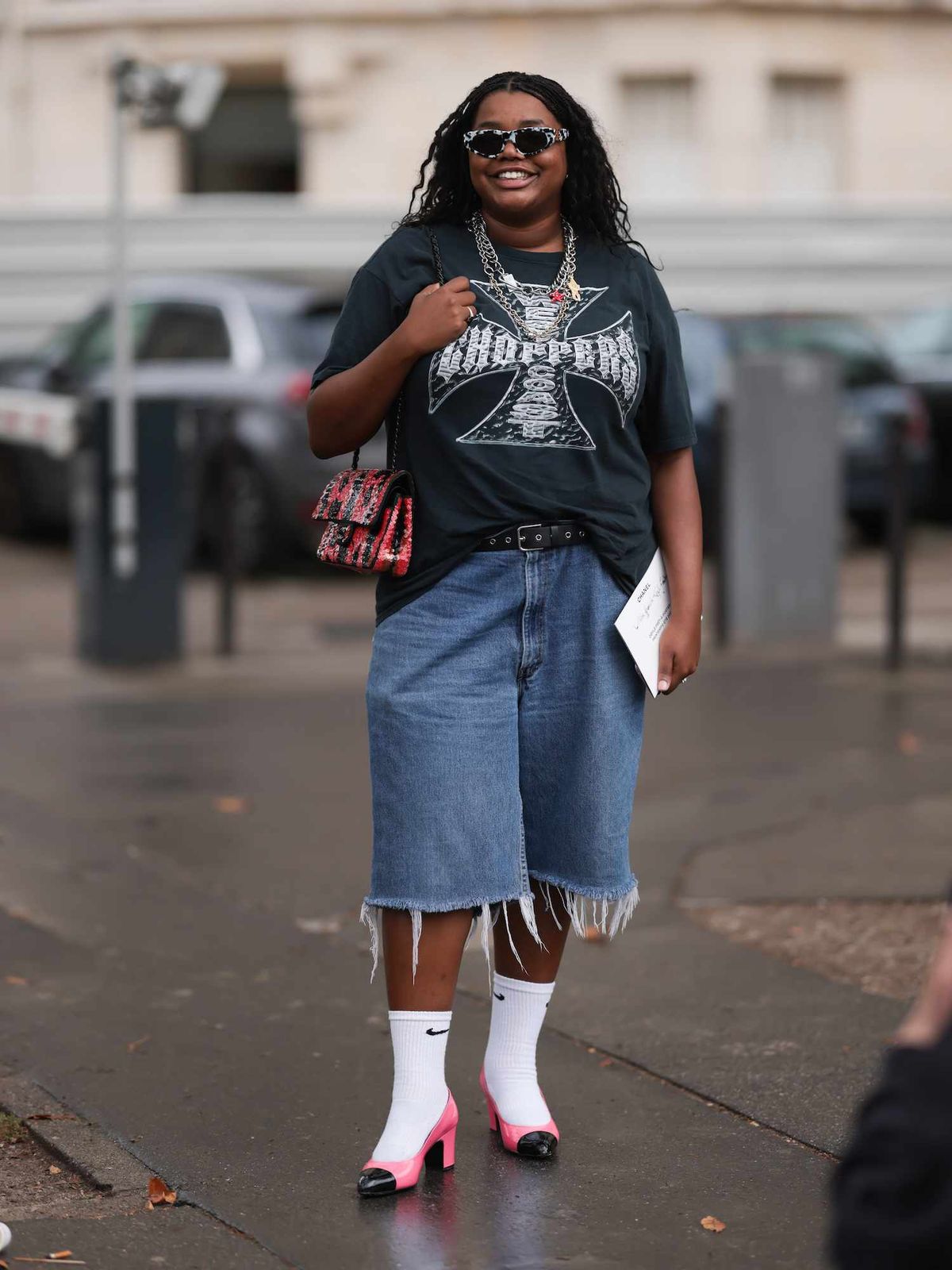 Edgy Band Tee with Distressed Shorts and Pink Heels — Band Tee Outfits