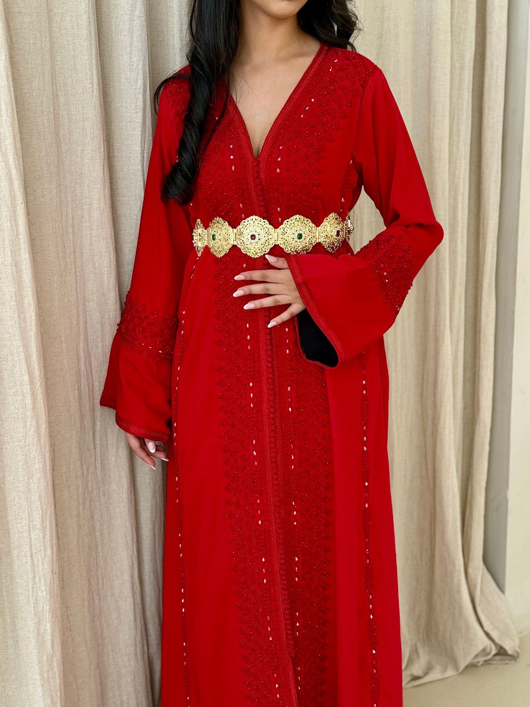 Red Embellished Kaftan with Ornate Gold Belt Red Embellished Kaftan with Ornate Gold Belt — Morocco Outfits