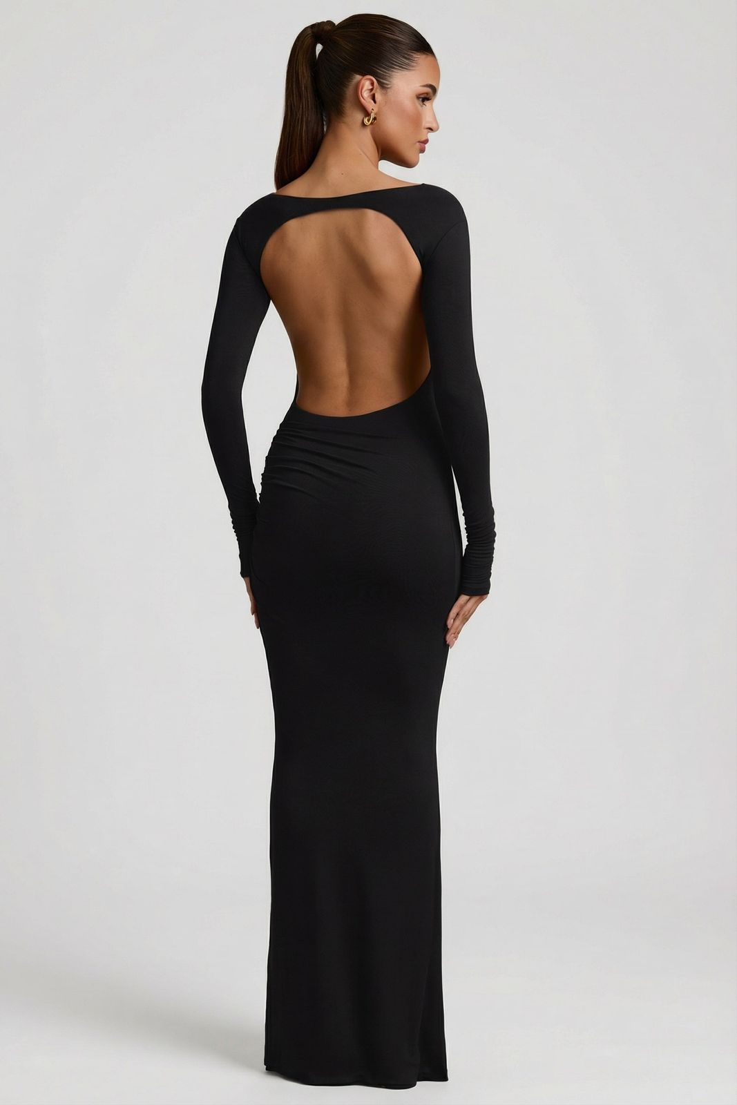 Black Long-Sleeve Maxi Dress: Dramatic Open Back — Date Party Dresses
