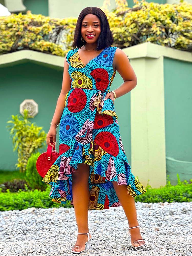 Casual Wrap Dress with Ruffled High-Low Hem — African Print Dresses