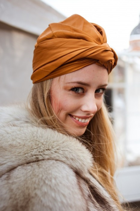 Ochre Leather Turban With Cream Fur Coat Ochre Leather Turban With Cream Fur Coat — Turban Styles
