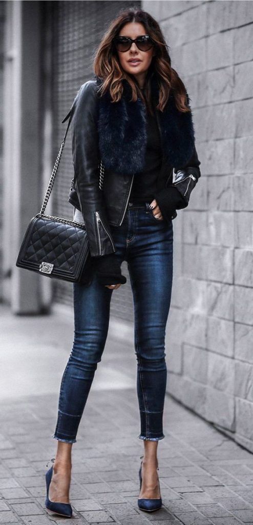 Evening Edge: Skinny Jeans with a Fur-Collar Leather Jacket — Outfits for Skinny Girls