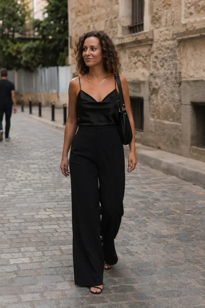 Cowl Neck Camisole and Wide-Leg Trousers: Sleek Sophistication Cowl Neck Camisole and Wide-Leg Trousers: Sleek Sophistication — Bar Crawl Outfits