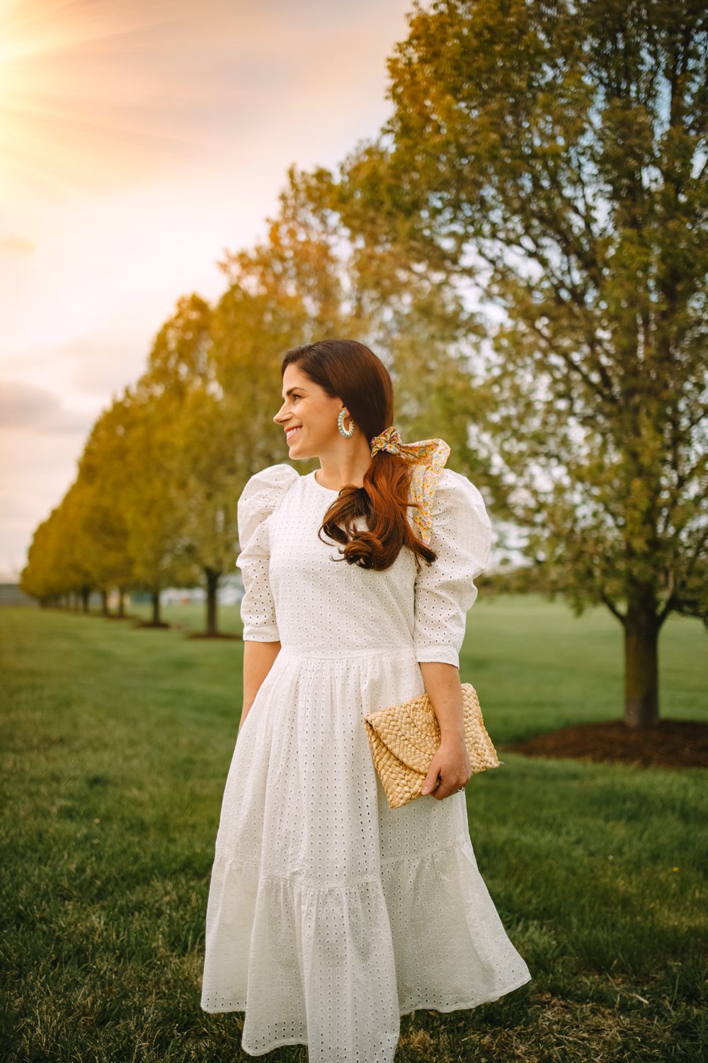 Summery White Eyelet Cotton Midi Dress with Puff Sleeves Summery White Eyelet Cotton Midi Dress with Puff Sleeves — White Dresses