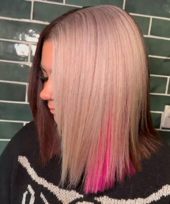 Layers Mid-Back Waves With Brown, Blonde, Pink Blend — Neapolitan Hair