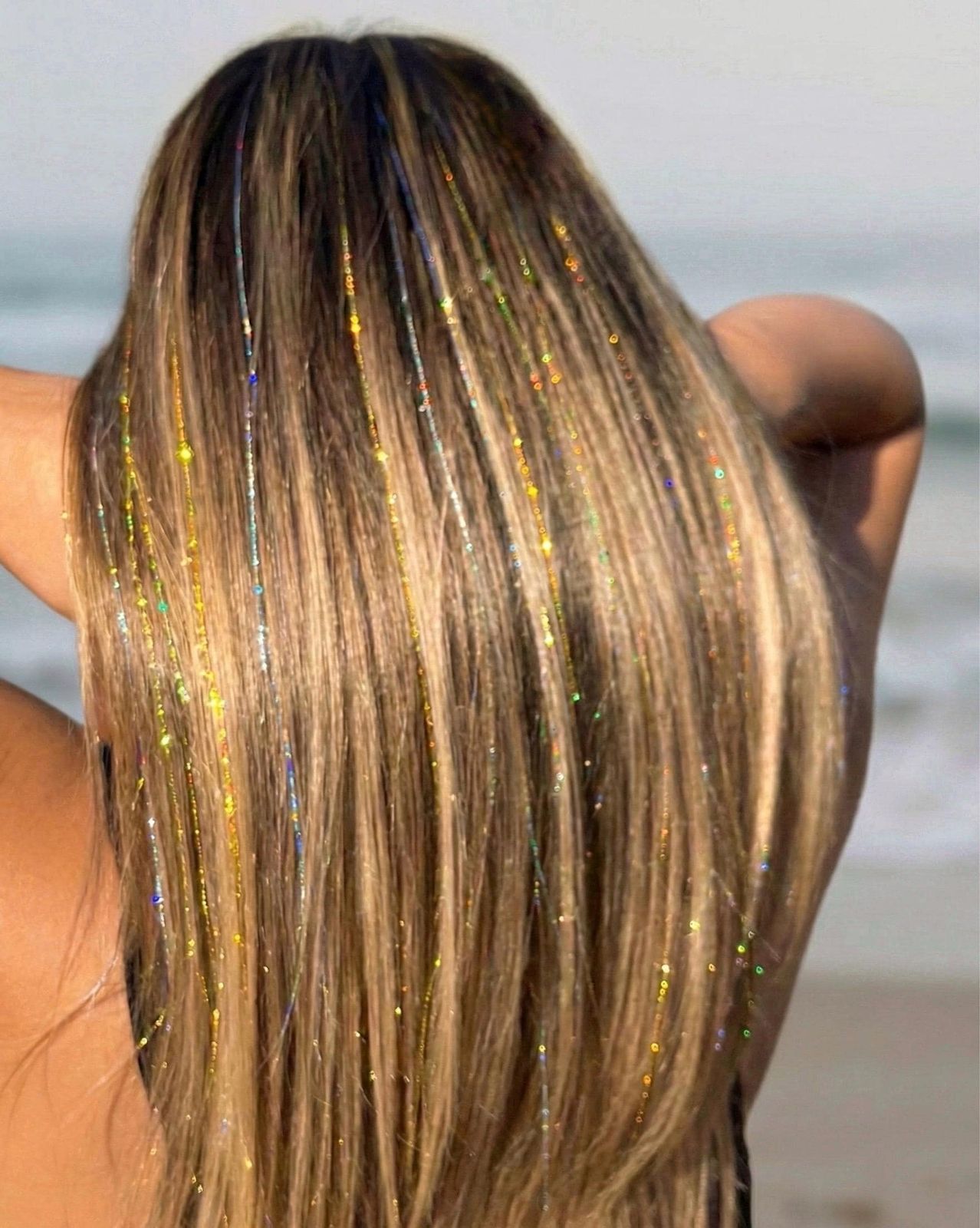 Multi Colored Tinsel on Air Dried Blonde Waves — Hair Tinsel