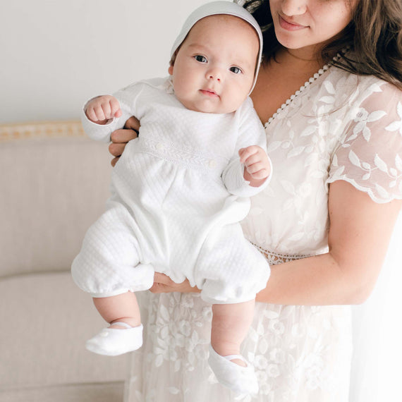 Elegant White Quilted Romper and Bonnet Set Elegant White Quilted Romper and Bonnet Set — Baby Outfits