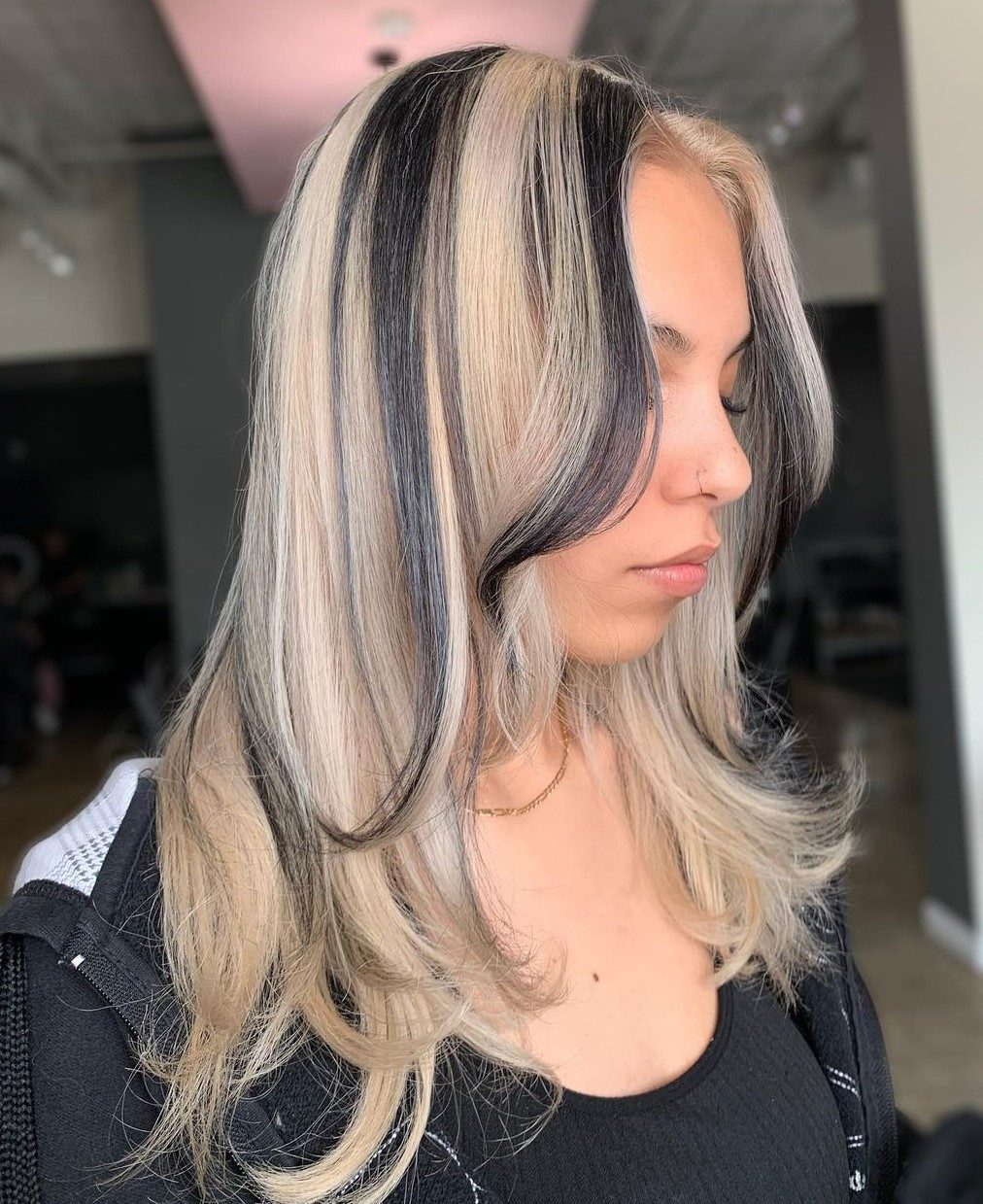 Mid-Back Layers With Curtain Bangs Mid-Back Layers With Curtain Bangs — Skunk Stripe Hair