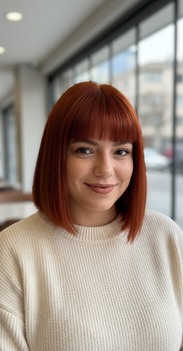 Red Blunt Bob With Blunt Fringe — Bangs for Round Face