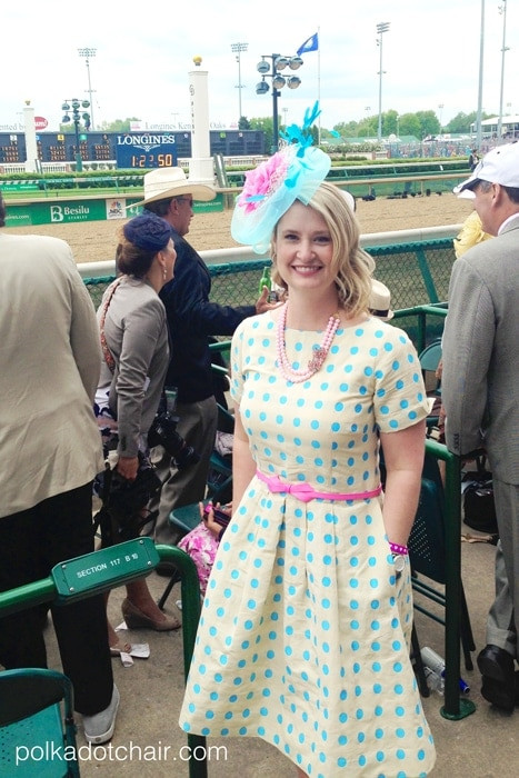 Cream Polka Dot Dress with Pink Belt and Light Blue Fascinator — Kentucky Derby Outfits