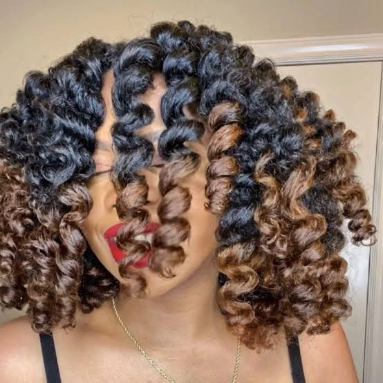 Shoulder Length Thick Curls Dark To Caramel — Perm Rod Set
