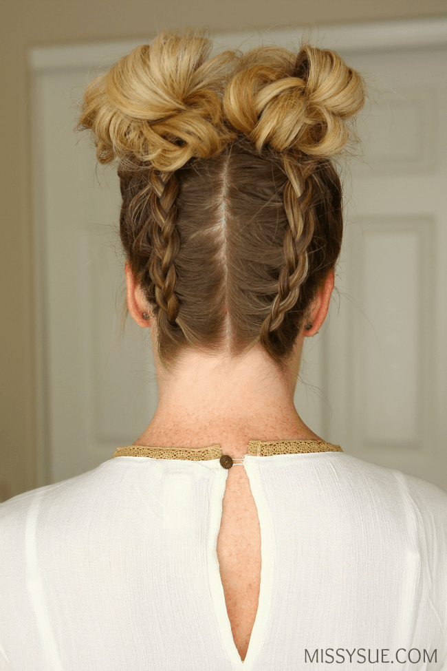 Blonde Double Dutch Braids Into High Buns Blonde Double Dutch Braids Into High Buns — Space Buns