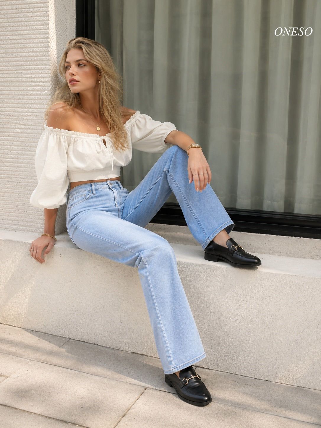 Effortless Chic: Light Wash Bootcut Jeans with Off-the-Shoulder Top and Gold Jewelry Effortless Chic: Light Wash Bootcut Jeans with Off-the-Shoulder Top and Gold Jewelry — Bootcut Jeans Outfits