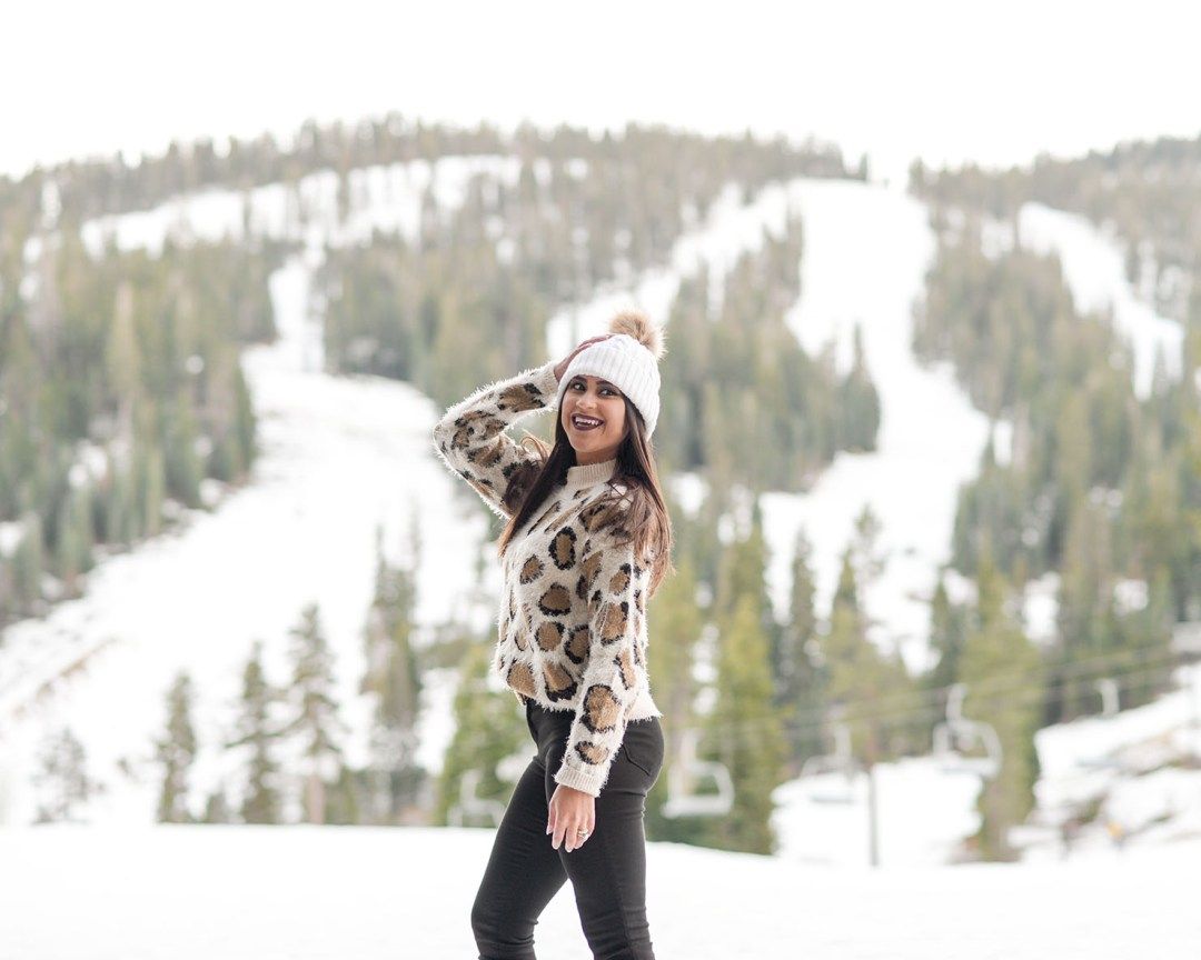 Leopard Print Sweater for Cozy Winter Sports — Lake Tahoe Outfits