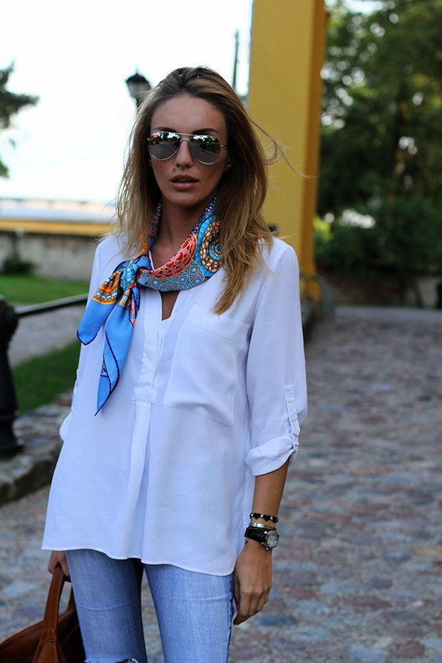Patterned Silk Scarf with Button-Down Shirt and Jeans — Silk Scarf Outfits
