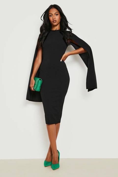 Sophisticated Black Midi Dress with Dramatic Cape Sleeves Sophisticated Black Midi Dress with Dramatic Cape Sleeves — Graduation Party Outfits