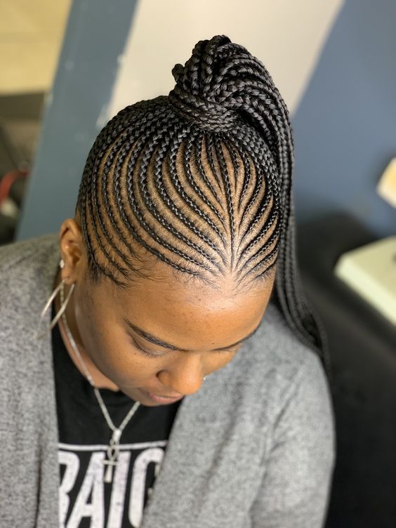 Sleek Black Cornrow Ponytail With Pattern — Braided Ponytail