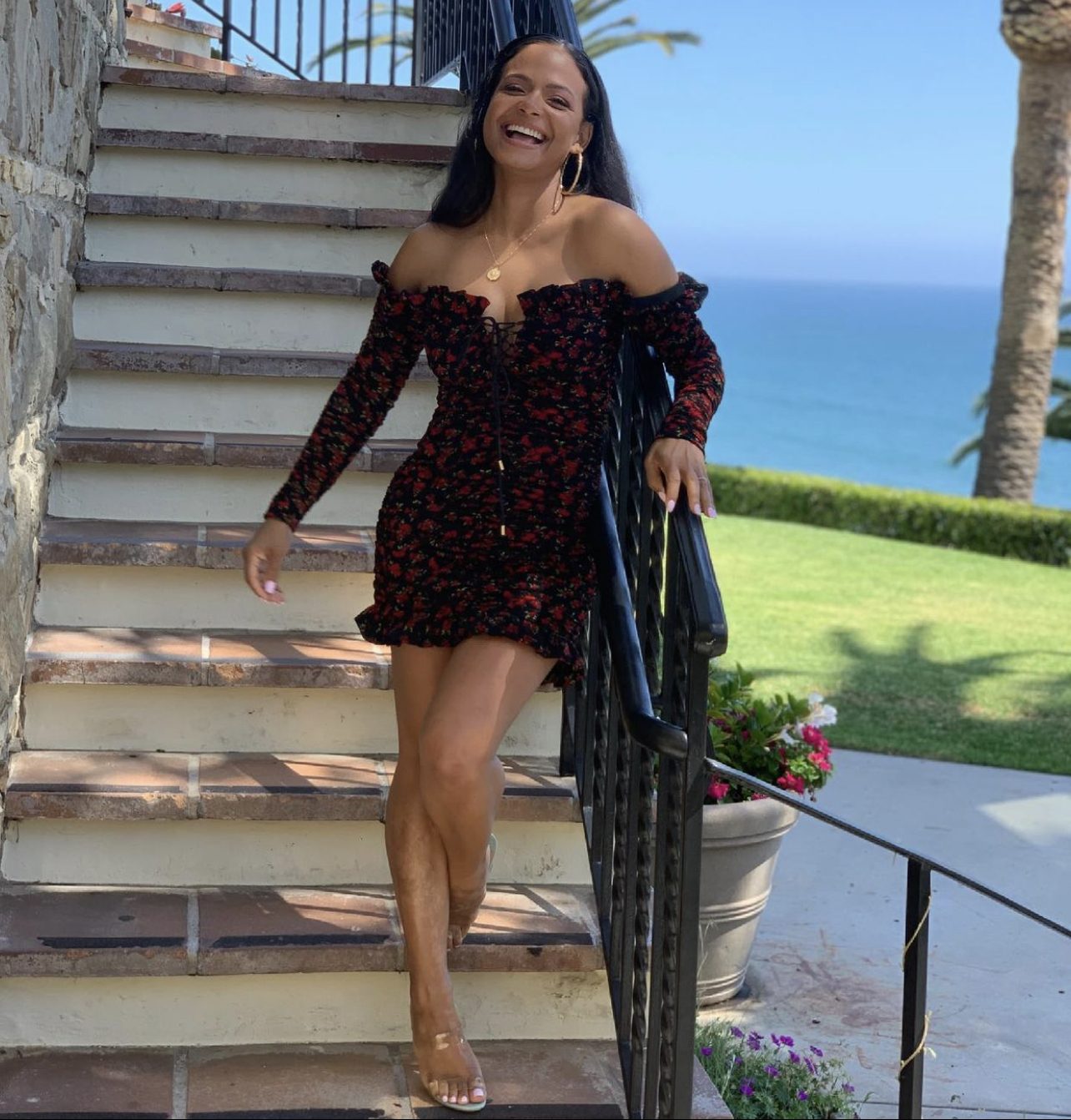 Black Off-the-Shoulder Mini Dress with Red Floral Print Black Off-the-Shoulder Mini Dress with Red Floral Print — Mini Dresses