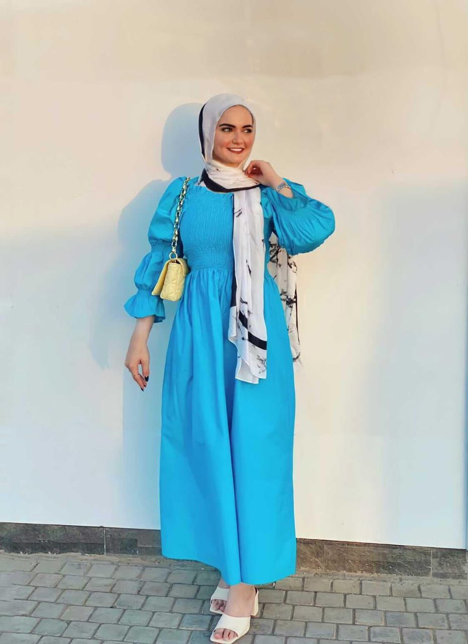 Bright Blue Maxi Dress with Grey Hijab and Yellow Handbag — Hijab Outfits