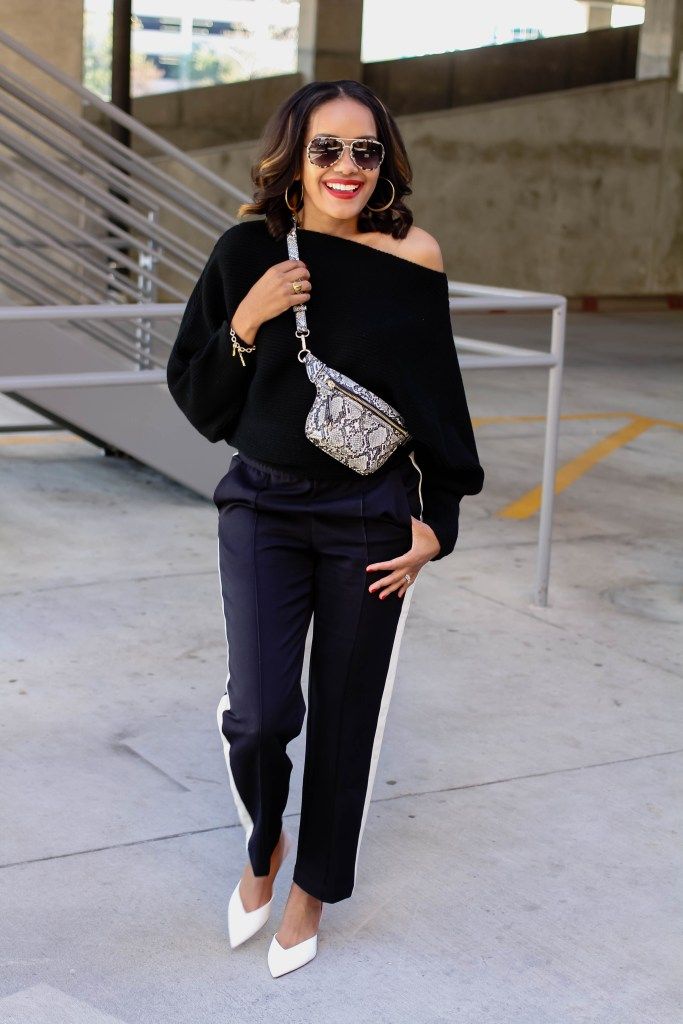 Night Out Edge: Snakeskin Fanny Pack with Off-Shoulder Top Night Out Edge: Snakeskin Fanny Pack with Off-Shoulder Top — Fanny Pack Outfits