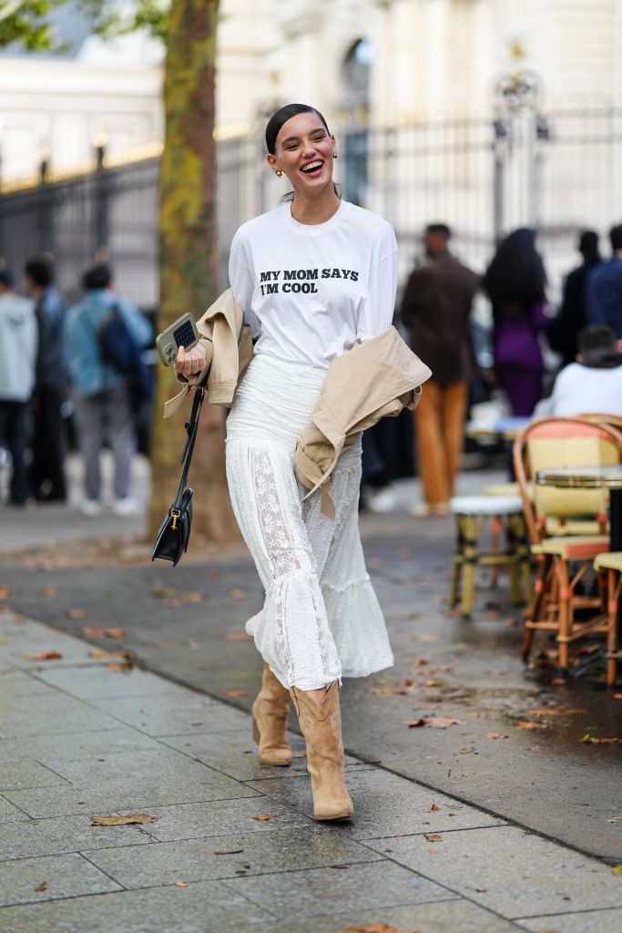 Lace and Layers: Tan Cowboy Boots with Tiered Skirt and Trench Coat — Cowboy Boots with Skirt Outfits