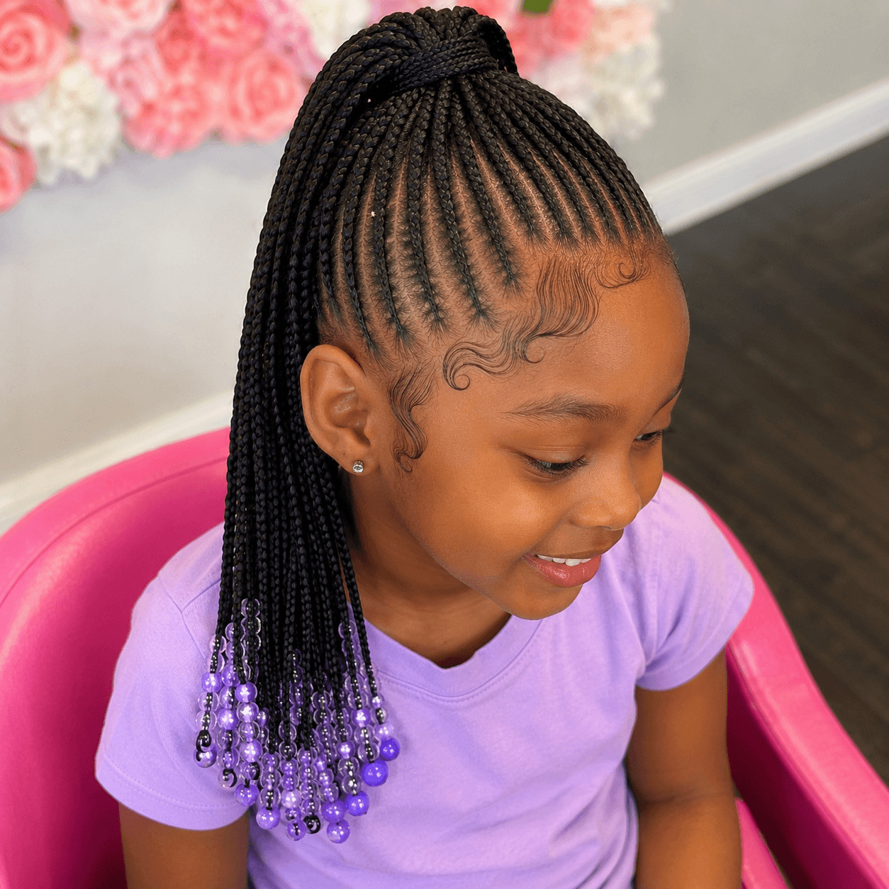 High Ponytail Braids With Purple Beads — Kids Braids with Beads