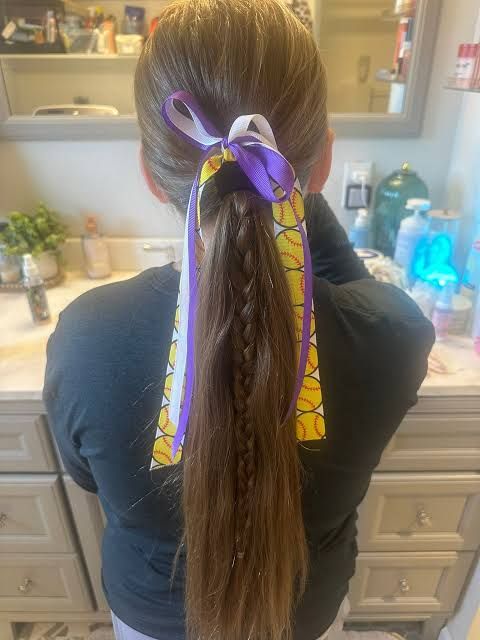 Braided Ponytail With Softball Ribbons Braided Ponytail With Softball Ribbons — Softball Hairstyles