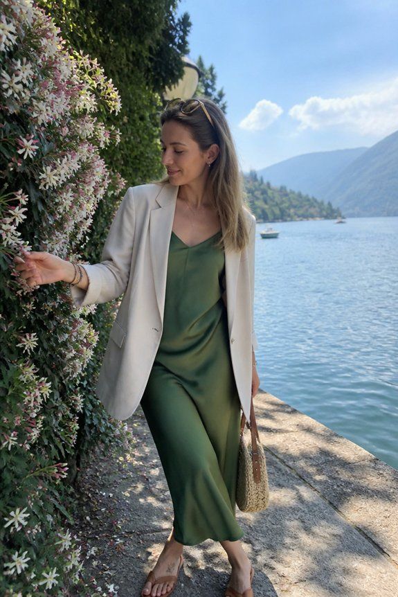 Satin Slip Dress Paired with a Linen Blazer for Lakeside Views — Lake Outfits