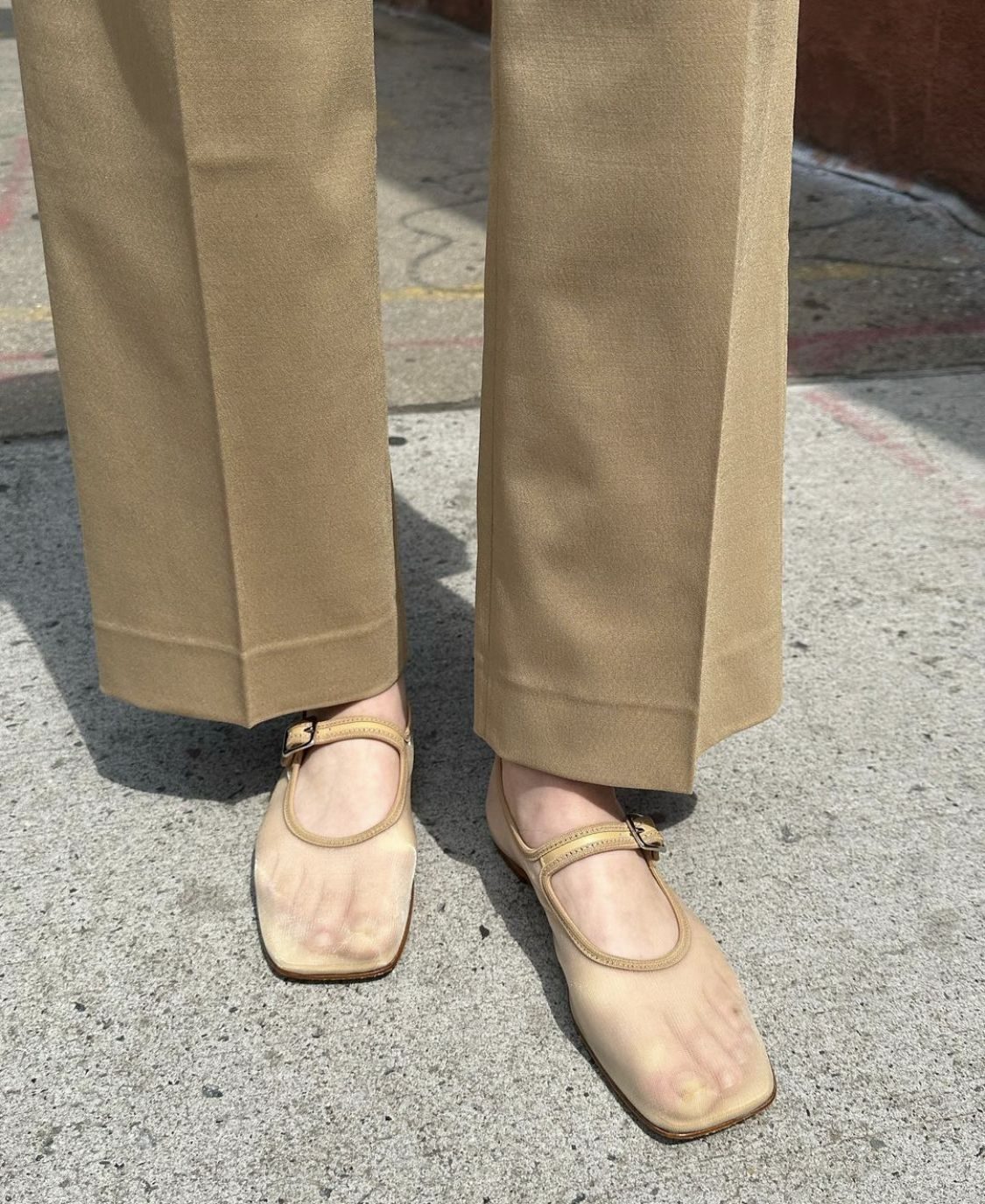 Nude Square-Toe Mesh Flats with Tan Wide-Leg Trousers Nude Square-Toe Mesh Flats with Tan Wide-Leg Trousers — Mesh Ballet Flats Outfits