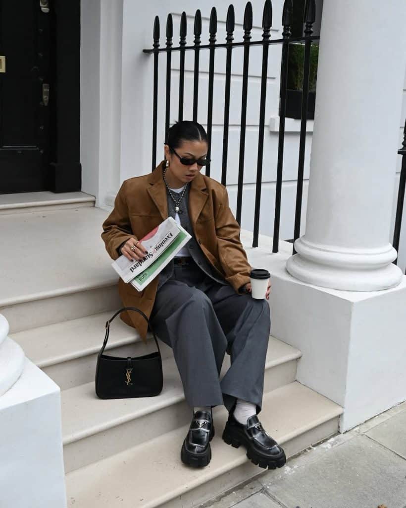 Chunky Black Leather Loafers with a Suede Blazer and Grey Trousers — Loafer Outfits