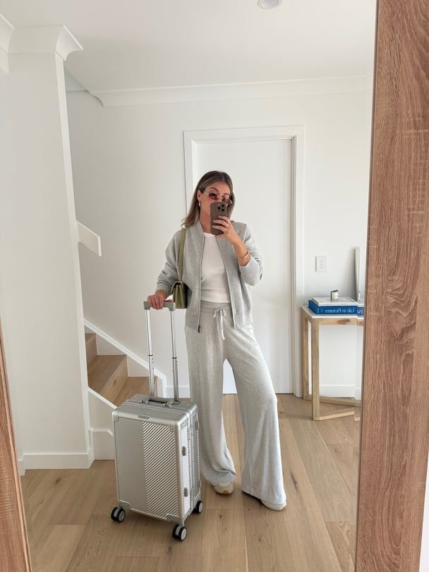 Grey Knit Bomber Jacket with Wide-Leg Pants — Long Flight Outfits