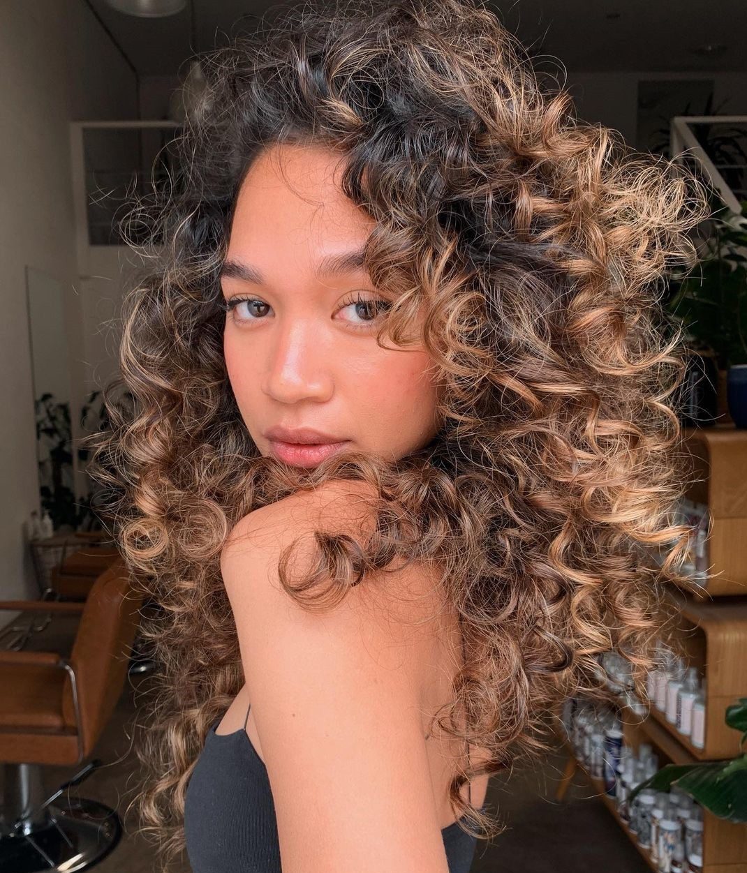 No Bangs Mid-Back Air-Dried With Caramel Highlights No Bangs Mid-Back Air-Dried With Caramel Highlights — Highlights on Curly Hair