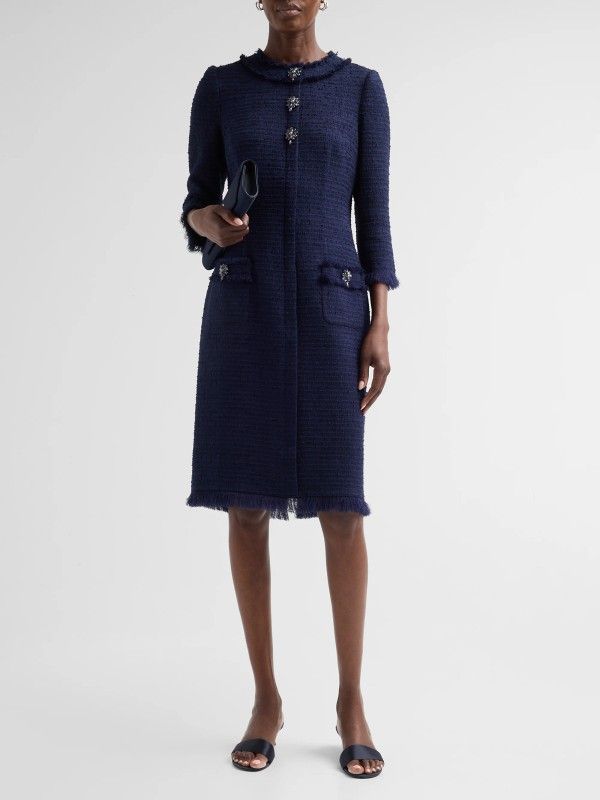 Navy Tweed Sheath Dress with Fringe Trim — Sheath Dresses