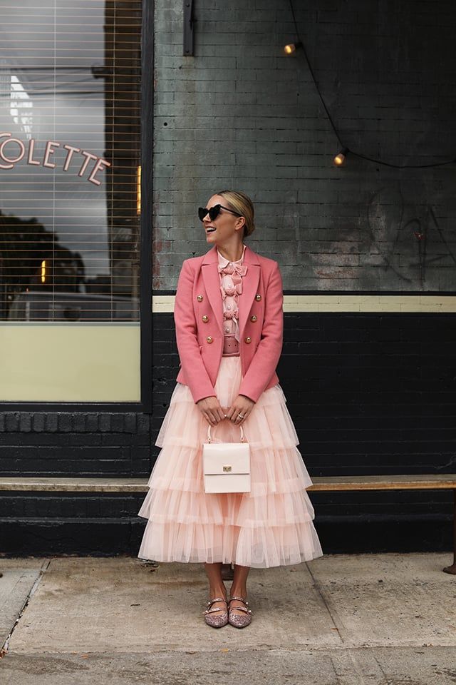 Playful Pink Ensemble: Tiered Tulle Skirt with a Bow-Neck Blouse — Tulle Skirt Outfits