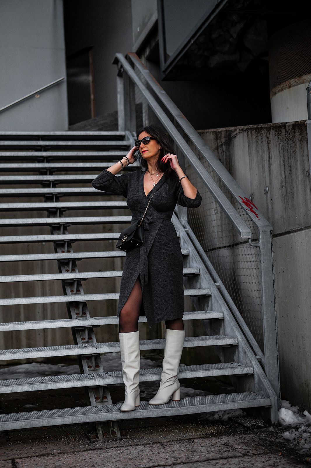 Fall Fashion with a Dark Grey Knit Wrap Dress and White Boots — Wrap Dress Outfits