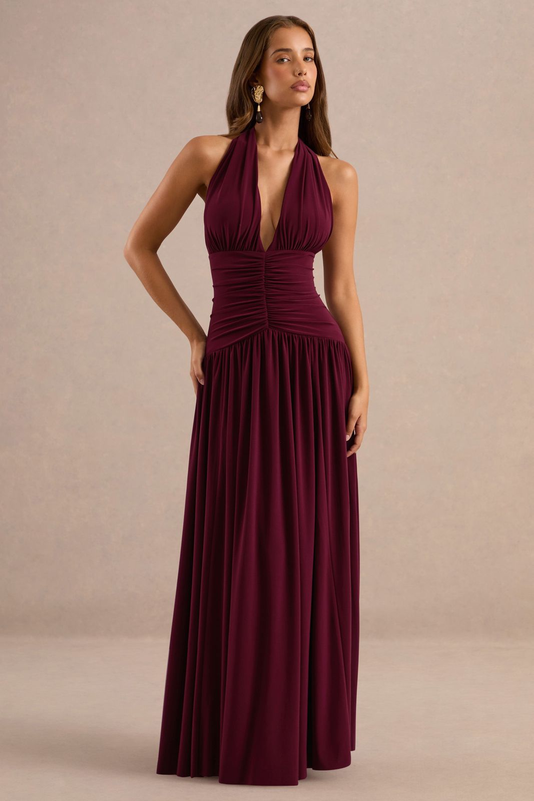 Burgundy Ruched Jersey Maxi Dress: Deep V Allure Date Night Dresses