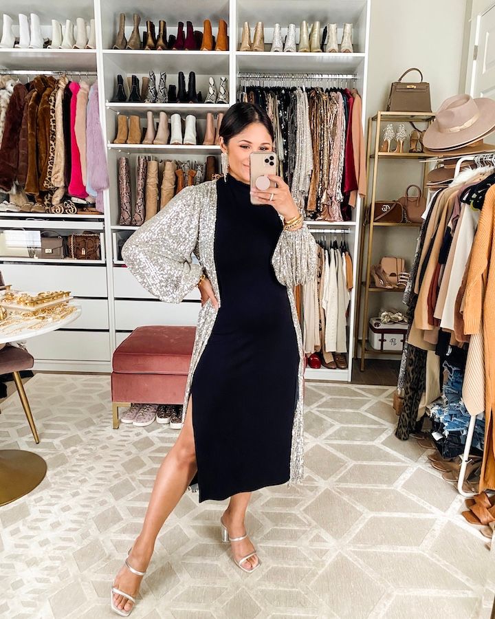 Black Midi Dress with Sequined Cardigan and Silver Heels — Midi Dress Outfits