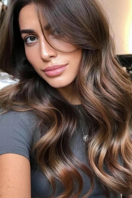 Medium Brown With Golden Blonde Balayage Medium Brown With Golden Blonde Balayage — Hair Color for Tan Skin