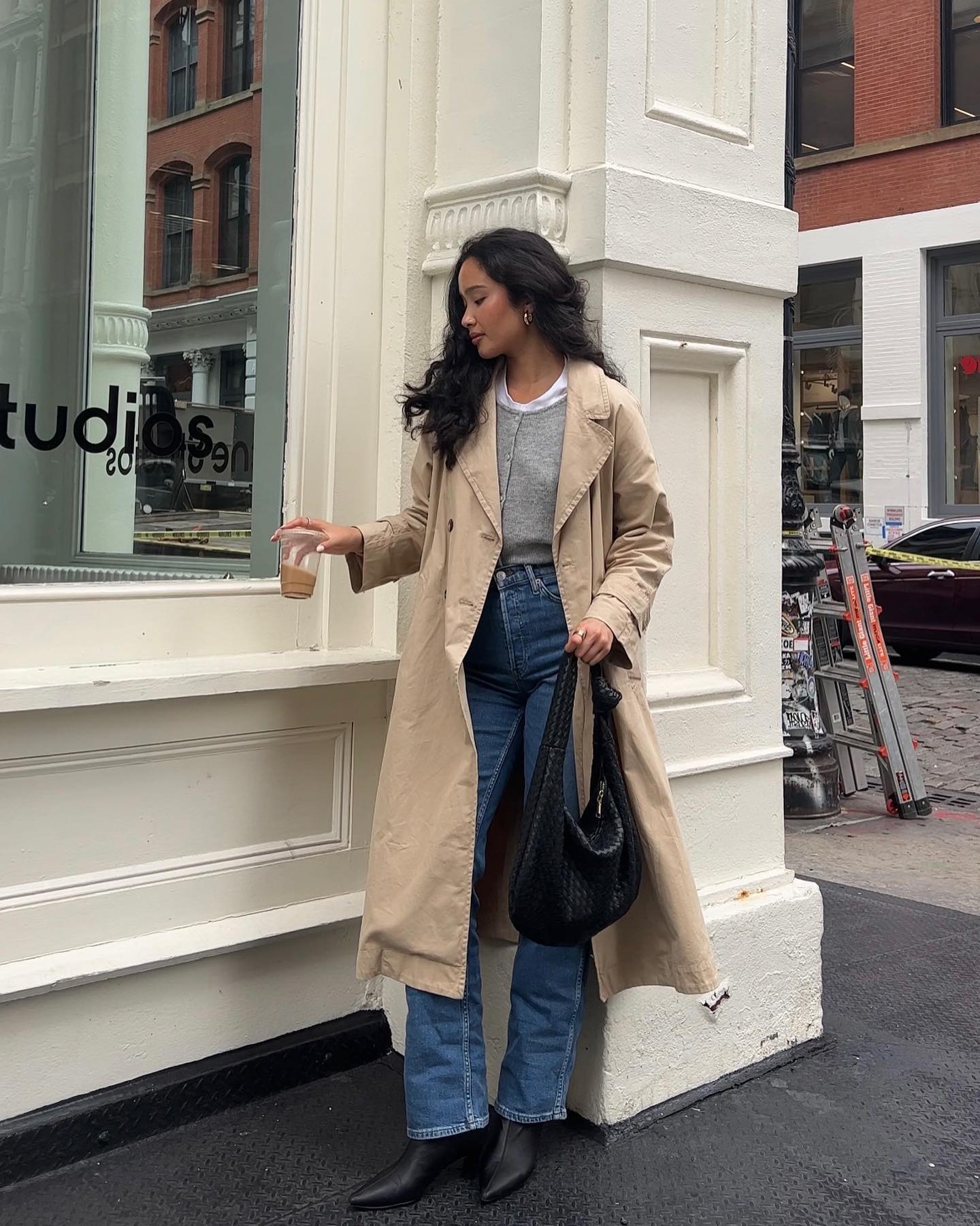 Classic Beige Trench Coat with Grey Tee and Blue Jeans — Trench Coat Outfits