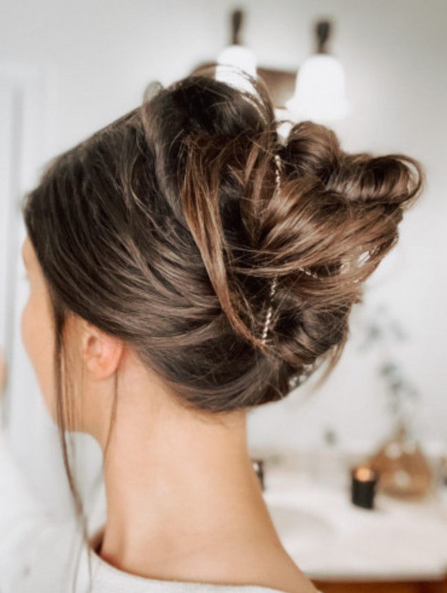 Dark Brown Wavy Updo with Jeweled Accents — Church Hairstyles