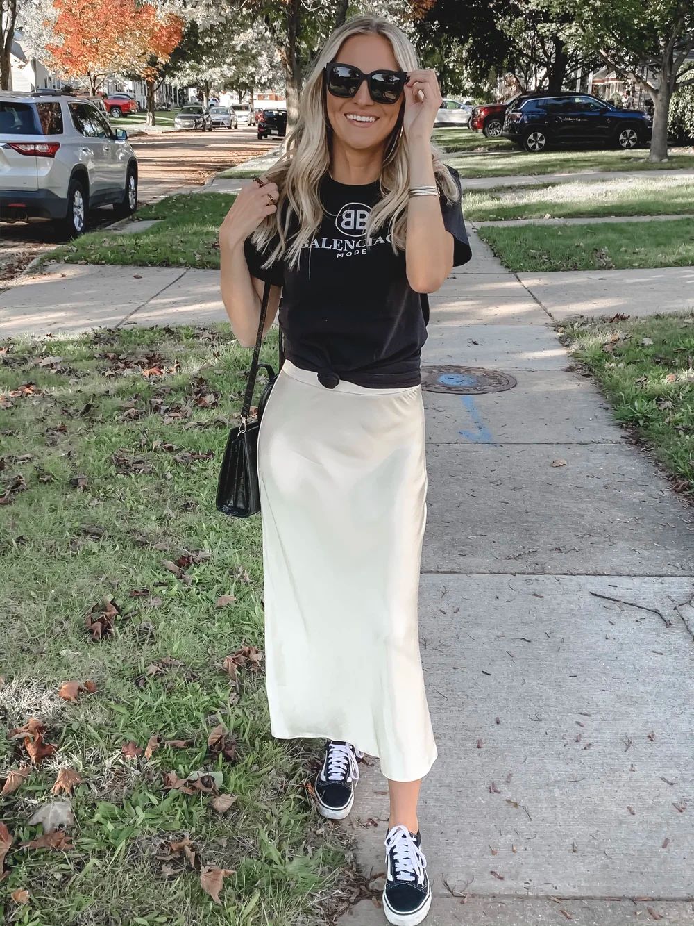 Casual Daytime Cream Slip Skirt with Graphic T-Shirt and Sneakers — Slip Skirt Outfits