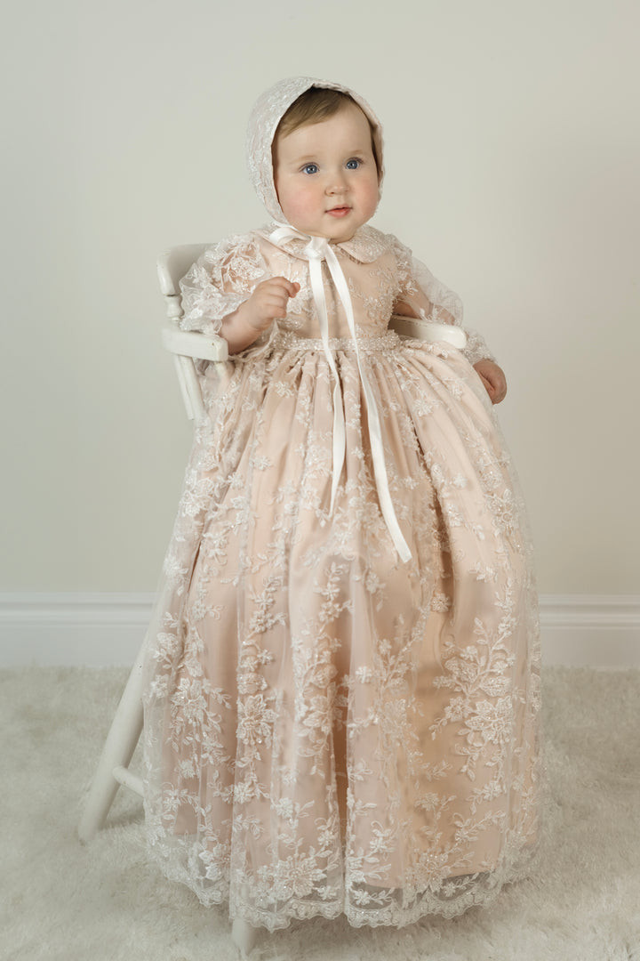 Blush Satin Baptism Dress with Ivory Lace Overlay — Baptism Outfits