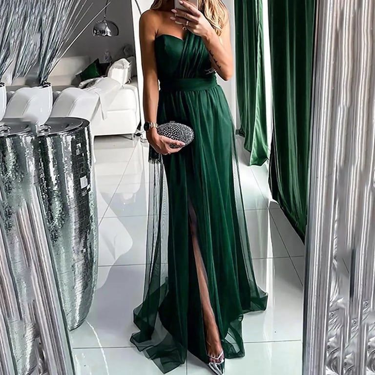 Emerald Green Strapless Gown with Ruched Bodice and High Slit — Rehearsal Dinner Dresses