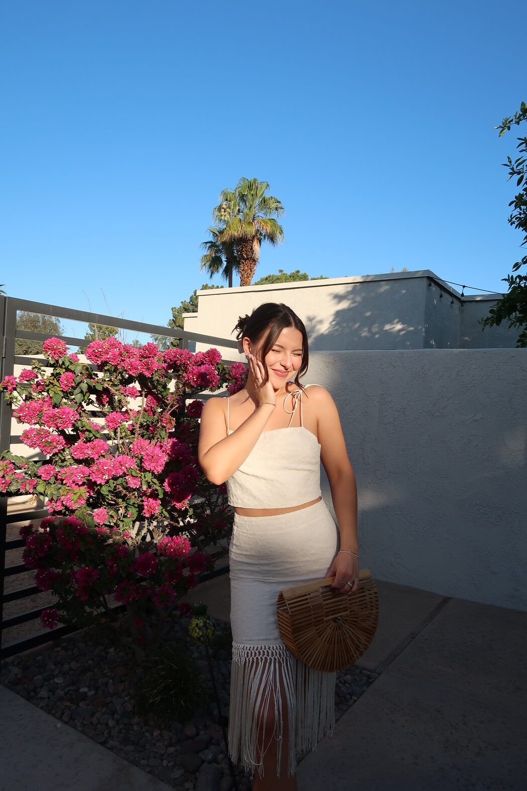 Neutral Beige Linen Set with Fringed Skirt for Resort Wear Palm Springs Outfits